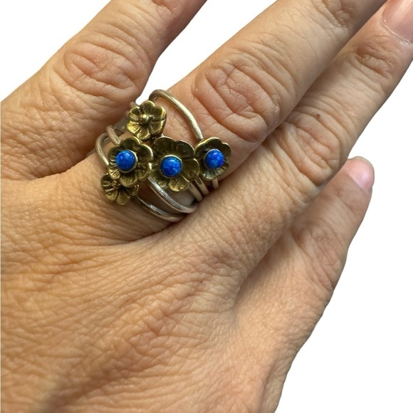 Beautiful 925 Sterling Silver Flower Lapis Two Tone Multi-Ring (5) - Picture 3 of 9